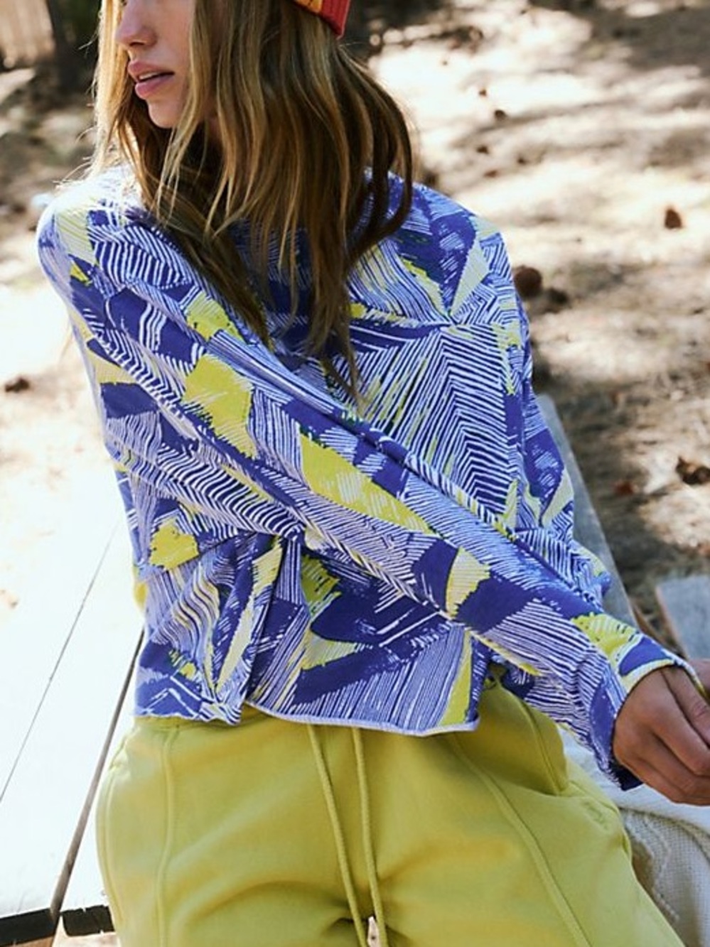 Free People FP Movement Inspire Printed Layer Top Blue and Yellow Small New